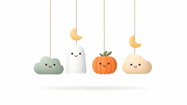 Cute halloween nursery mobile with clouds, ghosts, pumpkins, and moon animation for children's decor