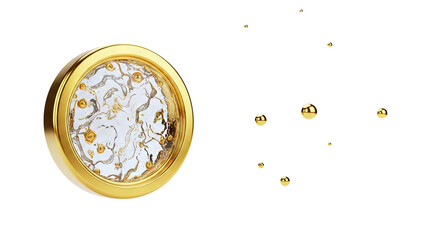 Gold disc with liquid gold swirls and floating gold spheres