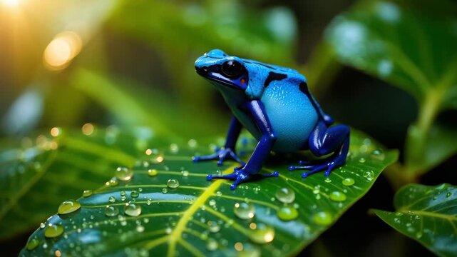 A vibrant blue frog sitting on a leaf with water droplets