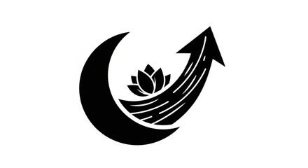 Obraz premium Black lotus flower symbol with crescent moon and upward arrow on white background representing growth and spirituality