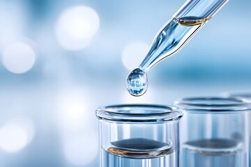 Close-up of a liquid droplet released from a pipette into a test tube, representing scientific research and precision