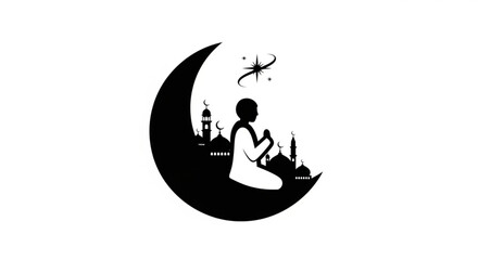 Ramadan silhouette with crescent moon mosque and person praying symbolizing spirituality and fasting during islamic holy month