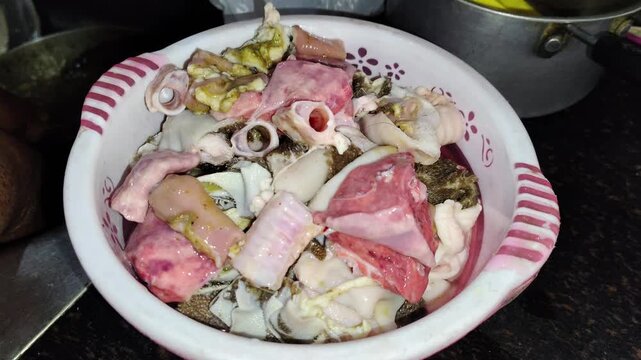Raw Goat mutton and ( Goat Lungs Parts ) with vegetables, Ready to Cocking.