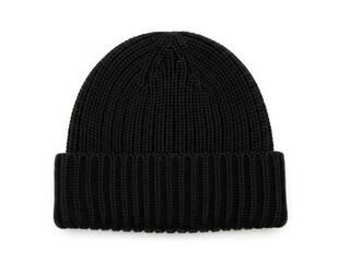 A black knit beanie hat isolated on white background