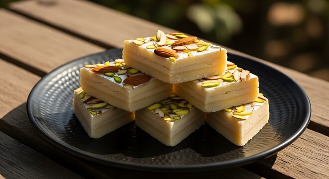 A stack of barfi an indian milk based sweet on a dark plate