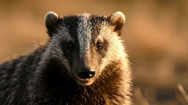 Close up of a badger looking at the camera with golden sunlight