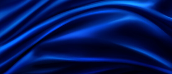 Obraz premium Royal blue silk fabric texture with smooth waves. Vector realistic illustration of luxury navy satin cloth, abstract curtain drapery background, premium material with silky gradient, draped flag