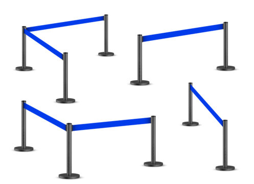 Belt barrier with blue rope on black poles isolated on white background. Vector realistic illustration of ribbon queue line divider for security control at airport, night club, museum, theater