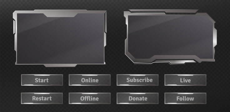 Futuristic ui HUD frames and tech buttons set isolated on transparent background. Vector realistic illustration of silver chrome web stream interface, design elements, metal borders for cyberpunk menu
