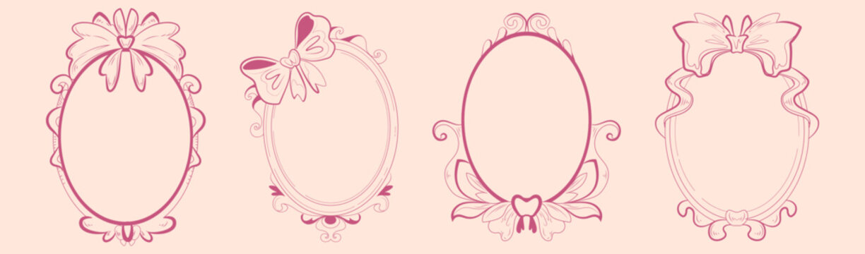 Vintage oval pink frames set with coquette ribbon bows isolated on background. Vector illustration of antique picture or mirror decoration with floral ornament and elegant swirls, baroque aesthetic