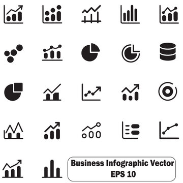 A comprehensive collection of business infographic vector icons is presented, featuring various charts, graphs, and data visualization elements for professional presentations and reports.