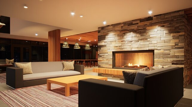 Living room scene showcasing cozy lifestyle. Fireplace warmth and conversational sofa layout with shallow depth for web banner or promo background