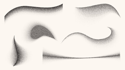 Fototapeta na wymiar Abstract grain texture elements, flowing wave gradients and dynamic dotted pattern. Black and white fluid grain effect with stipple sand dots and smooth airbrush fade strokes