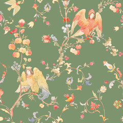 Naklejka premium Seamless Slavic Folk Pattern with Alkonost Birds, Floral Ornaments and Mythological Tree of Life