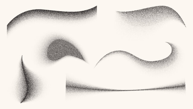Abstract grain texture elements, flowing wave gradients and dynamic dotted pattern. Black and white fluid grain effect with stipple sand dots and smooth airbrush fade strokes