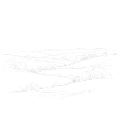 A sketch of rolling hills with trees and bushes in the distance isolated on transparent background