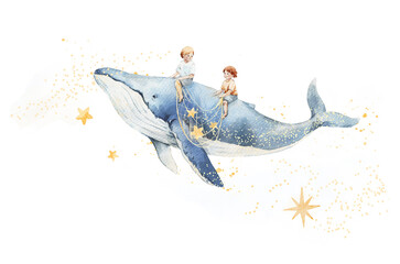 Naklejka premium Whimsical watercolor illustration of a boy riding a flying whale in a dreamy night sky. Perfect kids poster for boys nursery, children room decor, wall art, prints, baby gifts, and storytelling