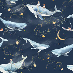 Naklejka premium Whimsical Seamless Pattern with Flying Whales and Children, Night Sky, Stars and Moon Fantasy Illustration