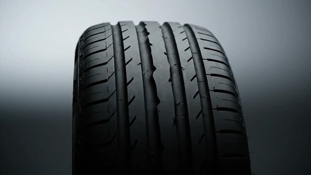 Close up of a new car tire with detailed tread pattern