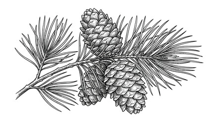 Detailed illustration of pine cones and needles on a branch.
