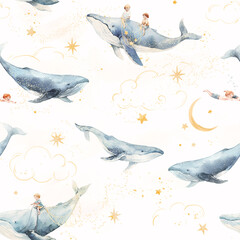Naklejka premium Whimsical Seamless Pattern with Flying Whales and Children, Sky, Stars and Moon Fantasy Illustration