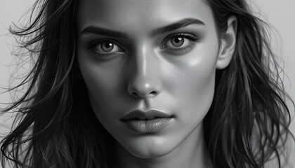 Fototapeta premium A close-up black and white portrait of a beautiful woman with long hair