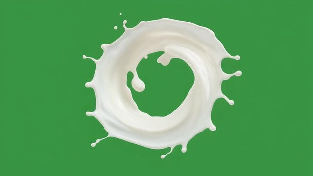 Hyper-realistic 4K Fluid Motion: Rotating milk circle with suspended droplets on green screen for compositing