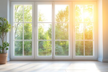 Fototapeta premium Bright Morning Sunlight Streaming Through Large Windows into a Room with Greenery View