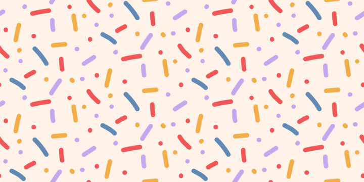 Small dash seamless pattern. Background baby with confetti sprinkles. Birthday cakes topping vector design. Simple repeat texture for print. Design for baby parties, bakery themes in pastel colors.