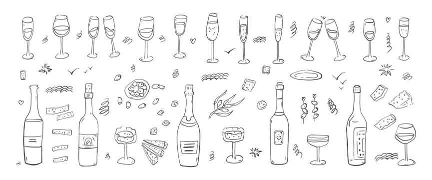 Hand-drawn wine bottle, cheese and cocktail glass icons. Doodle illustrations perfect for bistro menus, dinner invitations, or Mediterranean-themed designs. Vector whimsical sketch drinks set isolated
