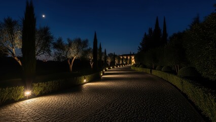 Obraz premium Scenic cobbled pathway illuminated by moonlight with lush trees and classic lamps leading to a distant house in tranquil night setting