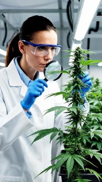 Scientist examining plant in lab