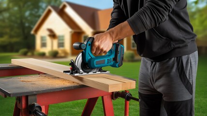 Man cutting wooden plank with electric saw in backyard
