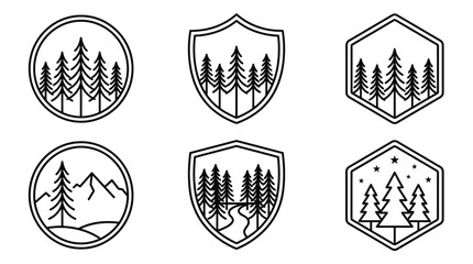 Fototapeta premium Set of six minimalist nature emblems with pine trees and mountains.