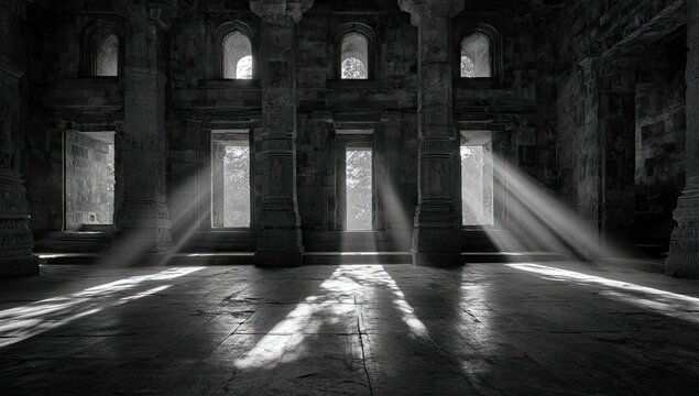 Interior of a stone building with sunlight streaming through doorways and windows