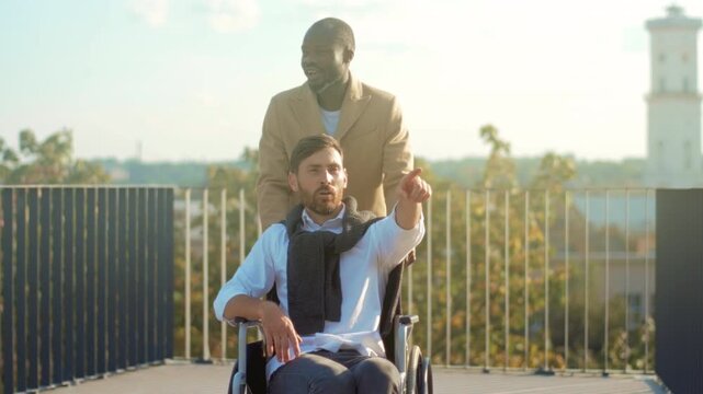 Two men envisioning future amidst cityscape, Two individuals discussing hopeful plans over city skyline