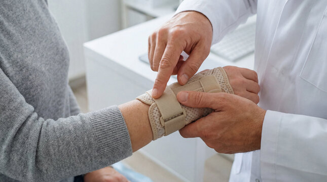 Doctor or physical therapist helps a patient adjust a wrist brace, providing care and support for a wrist injury or recovery in a clinic setting