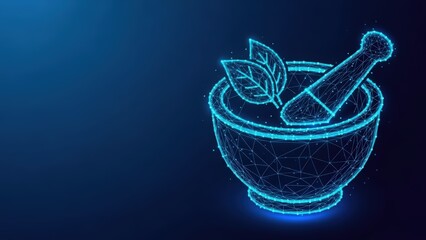 Obraz premium Digital illustration of a mortar and pestle with glowing leaves representing herbal medicine and scientific preparation