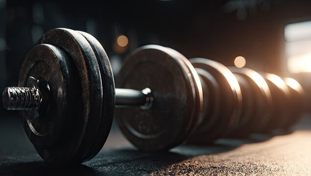 Close-up of a well-worn dumbbell resting on the gym floor, soft lighting with depth of field