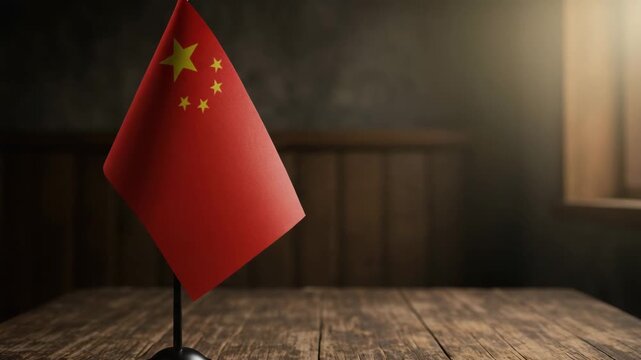 Chinese flag standing on wooden table with soft light background  