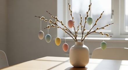 Scandinavian minimalism: a willow branch with pastel eggs in a matte ceramic vase, soft light, Easter decor. AI generated.
