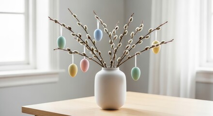 Scandinavian minimalism: a willow branch with pastel eggs in a matte ceramic vase, soft light, Easter decor. AI generated.
