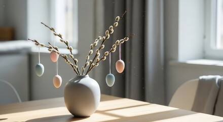 Scandinavian minimalism: a willow branch with pastel eggs in a matte ceramic vase, soft light, Easter decor. AI generated.
