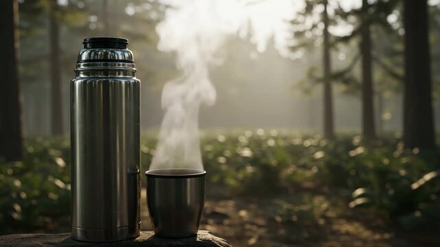 Stainless steel thermos with hot drink steaming in forest  
