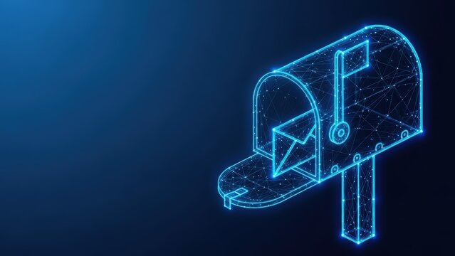 Digital mailbox illustration with glowing blue lines showing an incoming letter against a dark background