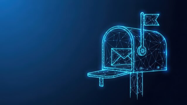 Digital mailbox with glowing blue wireframe design representing communication and delivery services