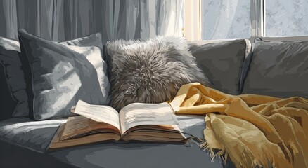Comfortable indoor scene with open book, pillows, blanket near a window