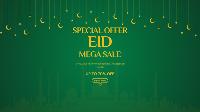 Eid sale, web header or banner design with crescent moon, and upto 70% discount offers on green background.
