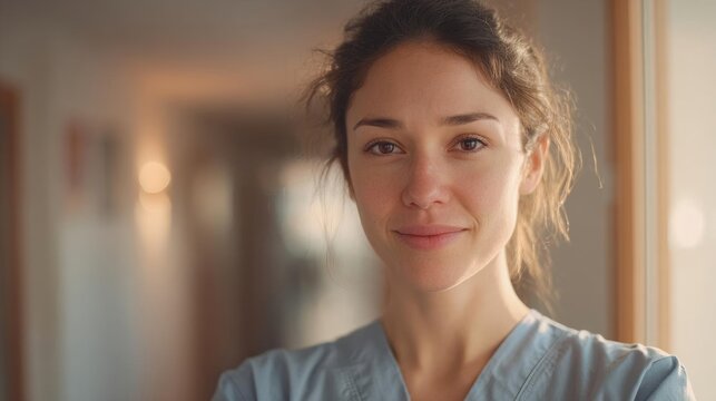 Close-up portrait of a young woman with shoulder-length brunette hair. she is wearing a light blue scrub top and is looking directly at the camera with a slight smile on her face.