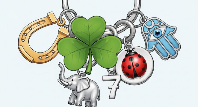 Colorful charm bracelet with lucky symbols like horseshoe four leaf clover elephant ladybug and hamsa hand on silver chain